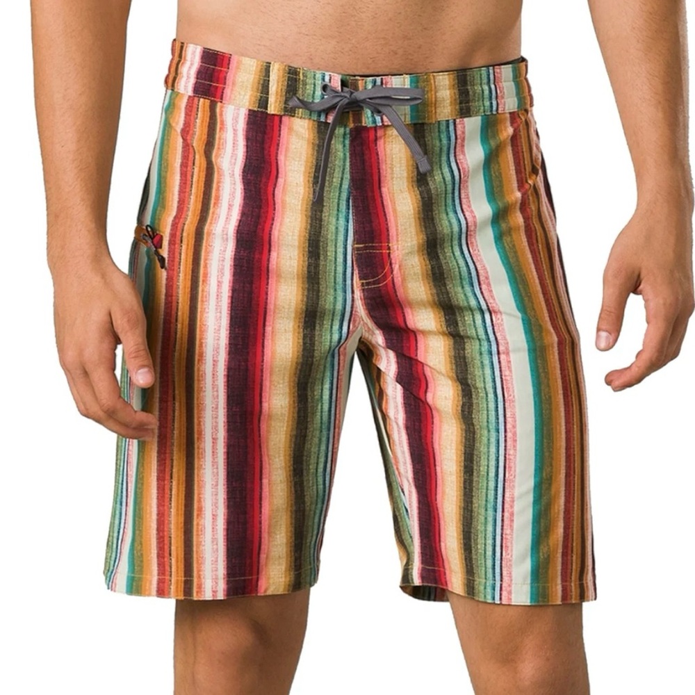 Men’s Prana Multicolor Baja Striped Fenton Board Shorts Size 32 Beach Pool Surf